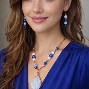 Blue Lace Agate NM teardrop 2" Cabochon Lapis Moonstone Beads Blue White 20"